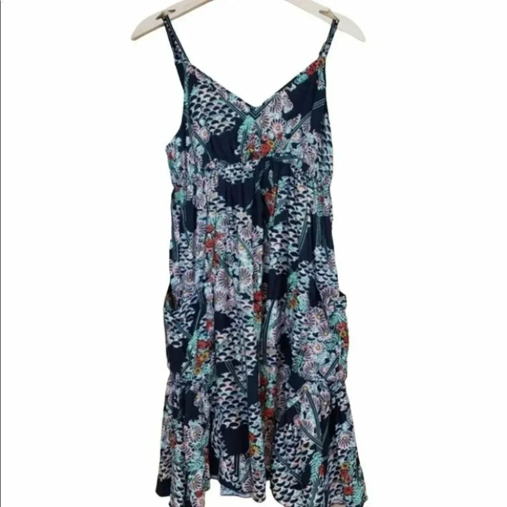 Forever 21 Floral Sundress Small Navy Blue Boho Tiered Pockets Cotton